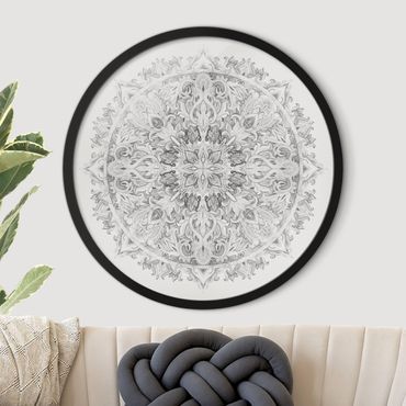 Rundes Gerahmtes Bild - Mandala Aquarell Ornament schwarz weiß