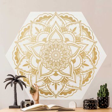 Hexagon Mustertapete selbstklebend - Mandala Blume gold weiß
