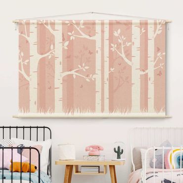 Gobelin - Pink Birch Forest With Butterflies And Birds