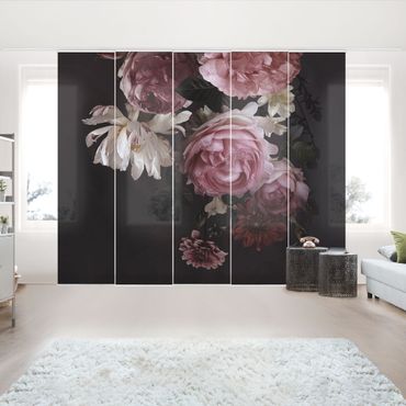 Schiebegardinen Set - Rosa Blumen auf Schwarz Vintage - Flächenvorhang