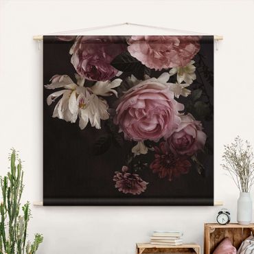 Gobelin - Pink Flowers On Black Vintage