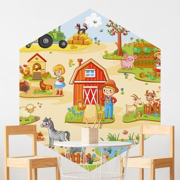 Hexagon Mustertapete selbstklebend - Spielteppich Bauernhof - Landarbeit macht Spaß