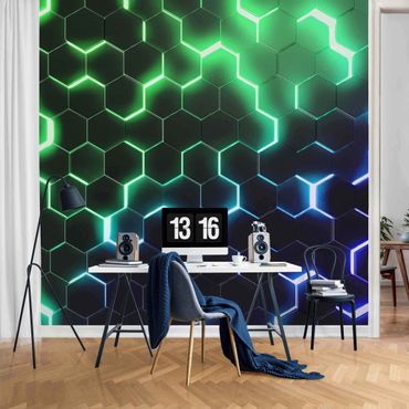 Fototapet - Structured Hexagons With Neon Light In Green And Blue