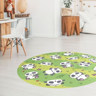 Runder Vinyl-Teppich - Süße Pandabären auf Grüner Wiese