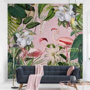 Fototapet - Tropical Flamingos With Plants In Pink