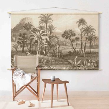 Gobelin - Tropical Copperplate Engraving With Giraffes In Brown