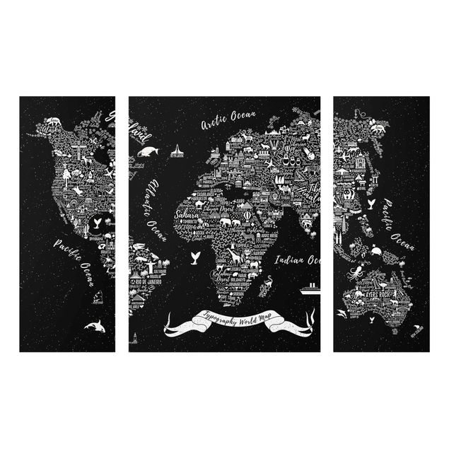 Glasbilleder verdenskort Typography World Map Black