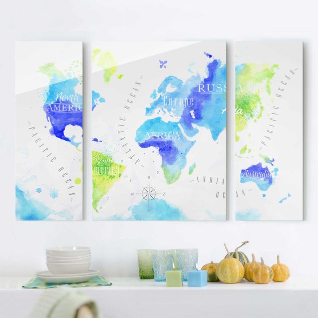 køkken dekorationer World Map Watercolour Blue Green