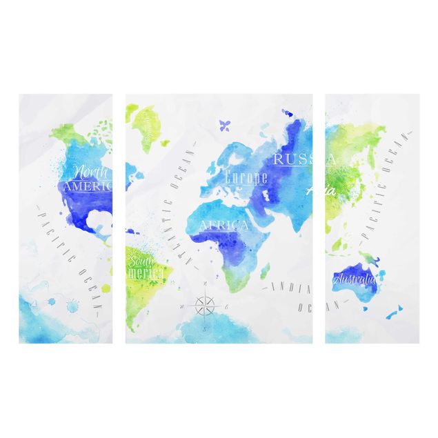 Glasbilleder verdenskort World Map Watercolour Blue Green