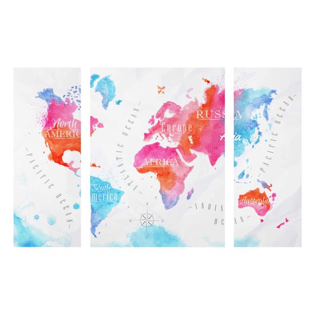 Glasbilleder verdenskort World Map Watercolour Red Blue