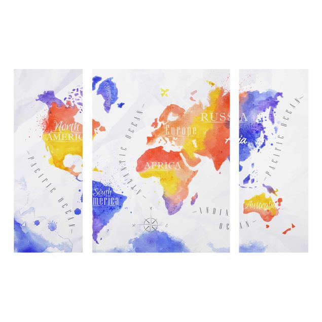Glasbilleder verdenskort World Map Watercolour Purple Red Yellow