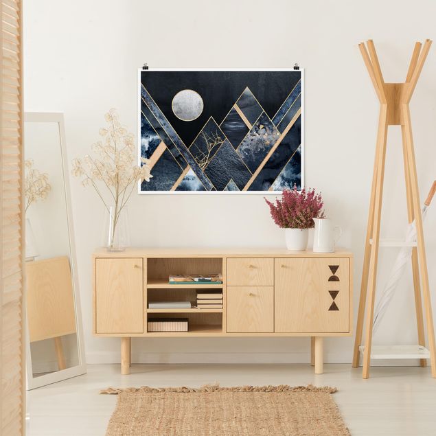 Plakater kunsttryk Golden Moon Abstract Black Mountains