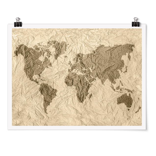 Billeder moderne Paper World Map Beige Brown
