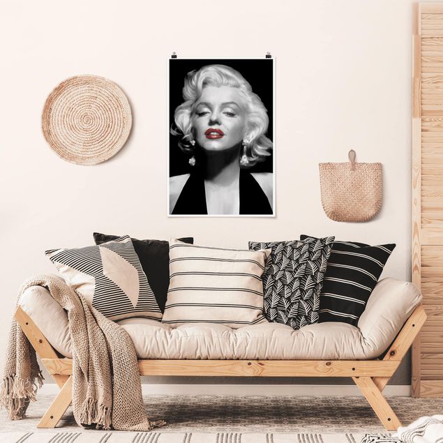Plakater sort og hvid Marilyn With Red Lips