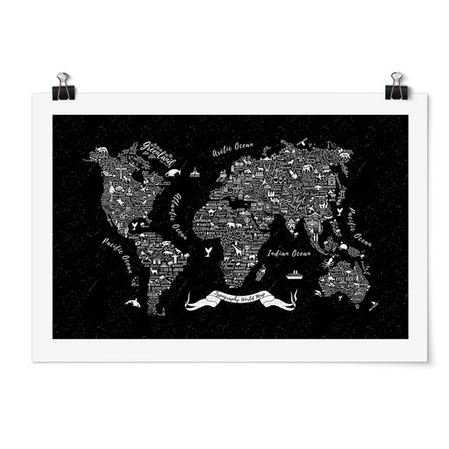 Billeder verdenskort Typography World Map Black