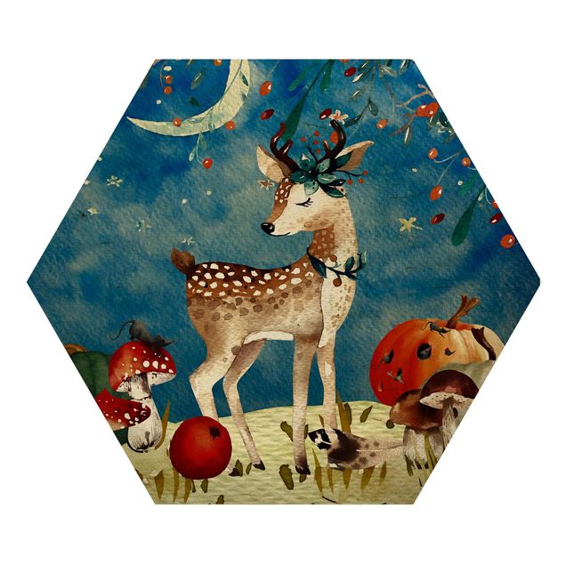 Billeder blå Watercolor Deer In The Moonlight
