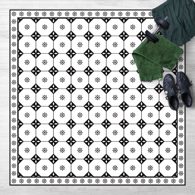udendørs gulvtæppe Geometrical Tiles Cottage Black And White With Border
