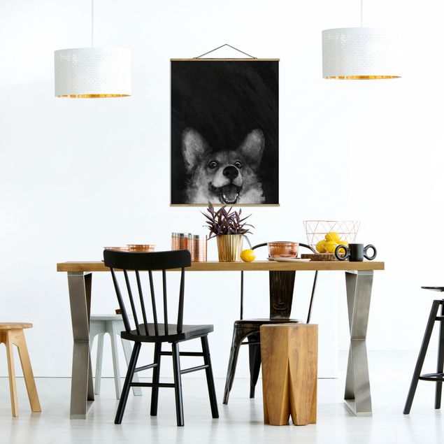 Billeder kunsttryk Illustration Dog Corgi Paintig Black And White