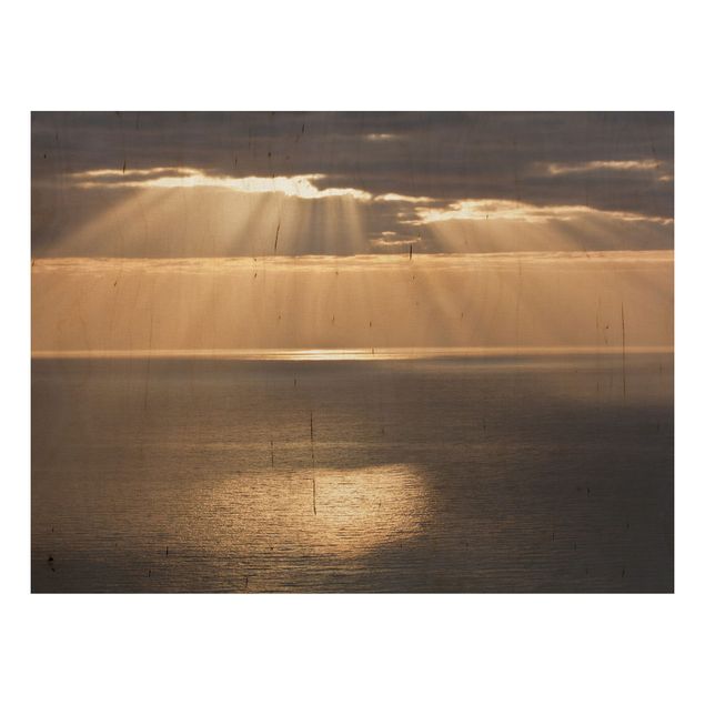 Prints på træ landskaber Sun Beams Over The Ocean