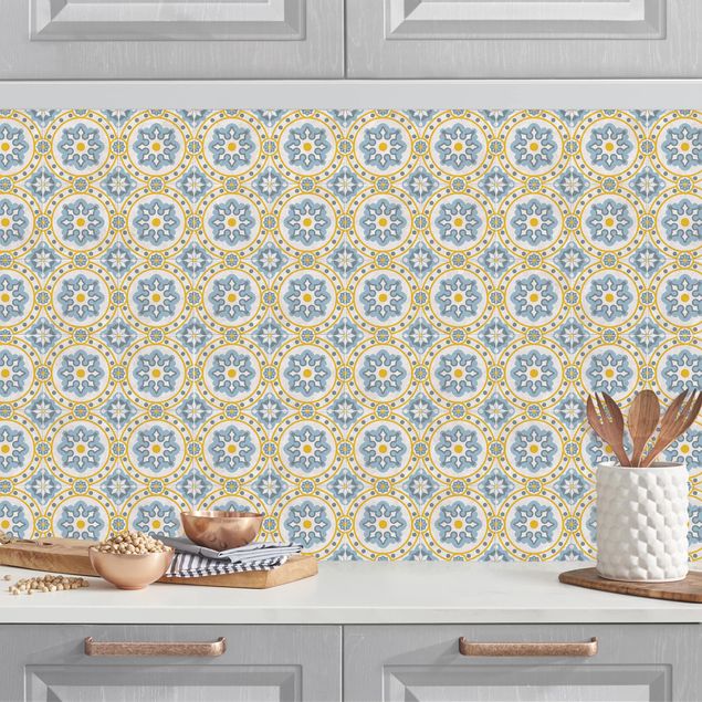 køkken dekorationer Floral Tiles Blue Yellow