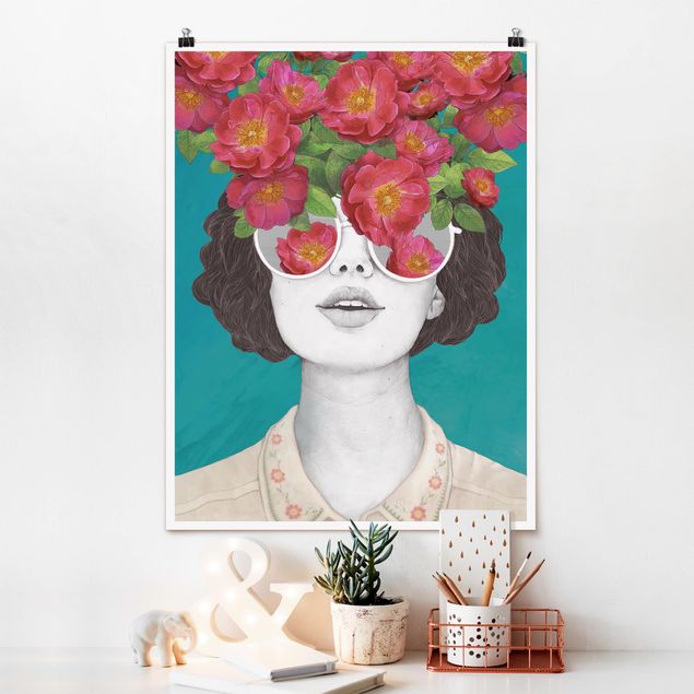 Plakater kunsttryk Illustration Portrait Woman Collage With Flowers Glasses