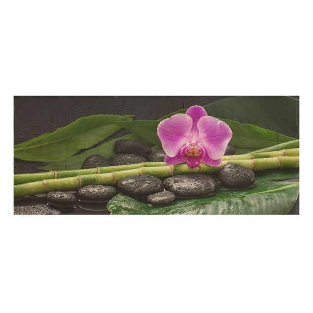 Prints på træ blomster Green Bamboo With Orchid Flower