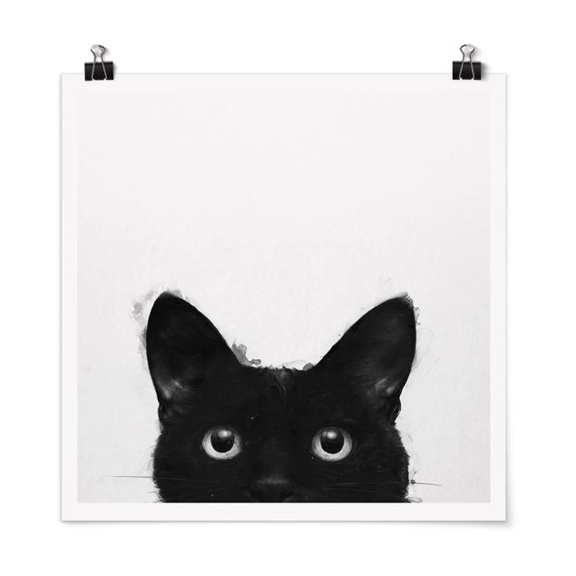 Plakater kunsttryk Illustration Black Cat On White Painting