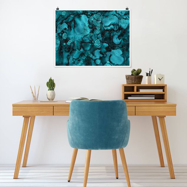 Plakater abstrakt Turquoise Drop With Glitter
