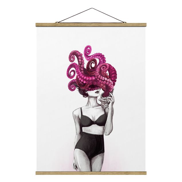 Billeder kunsttryk Illustration Woman In Underwear Black And White Octopus