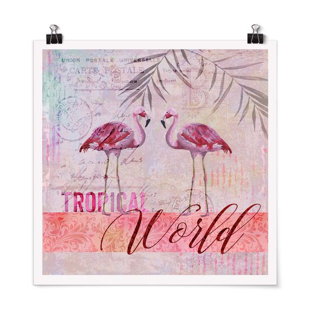 Plakater kunsttryk Vintage Collage - Tropical World Flamingos