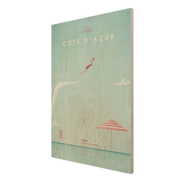 Prints på træ strande Travel Poster - Côte D'Azur