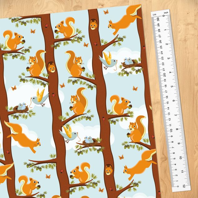Selvklæbende folier gul Cute Kids Pattern With Squirrels And Baby Birds