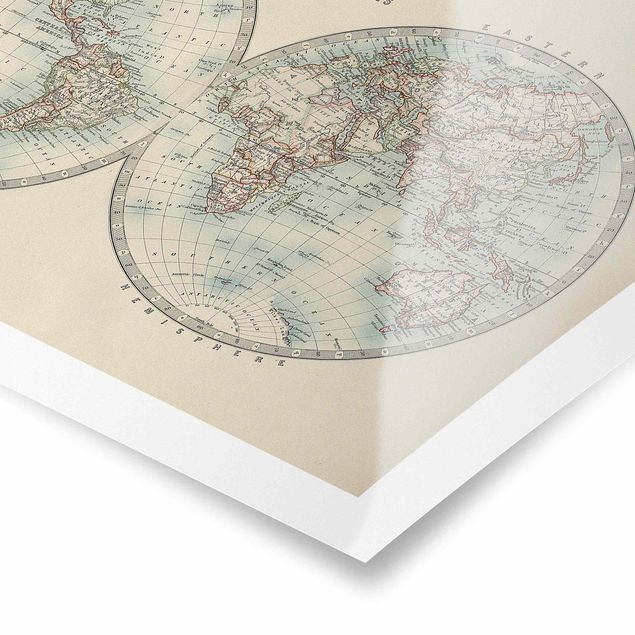 Plakater Vintage World Map The Two Hemispheres