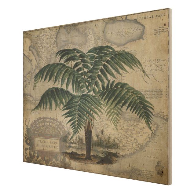 Prints på træ landskaber Vintage Collage - Palm And World Map