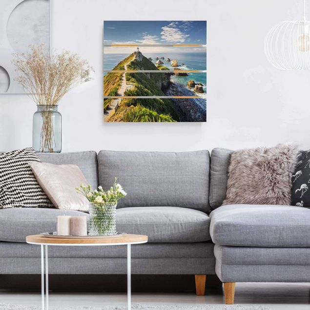 Prints på træ landskaber Nugget Point Lighthouse And Sea New Zealand