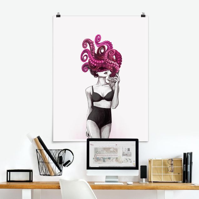 køkken dekorationer Illustration Woman In Underwear Black And White Octopus