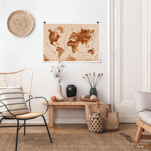 Billeder verdenskort World Map Watercolour Beige Brown