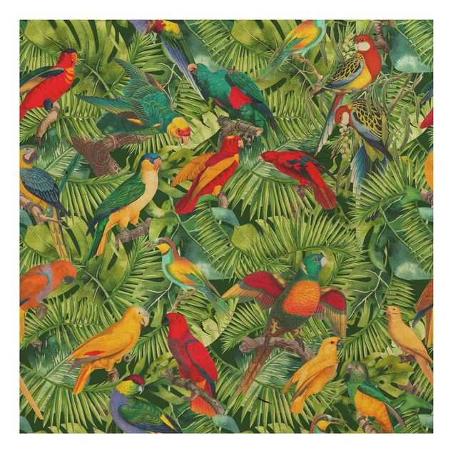Prints på træ blomster Colourful Collage - Parrots In The Jungle