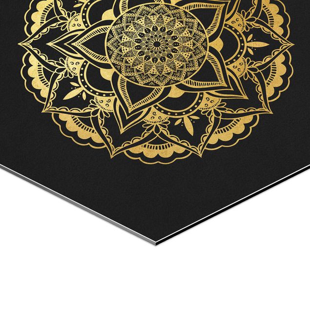 Sekskantede billeder Mandala Flower Sun Illustration Set Black Gold