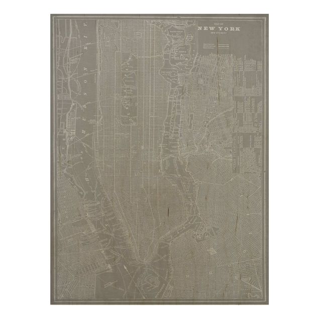 Prints på træ vintage Vintage Map New York Manhattan