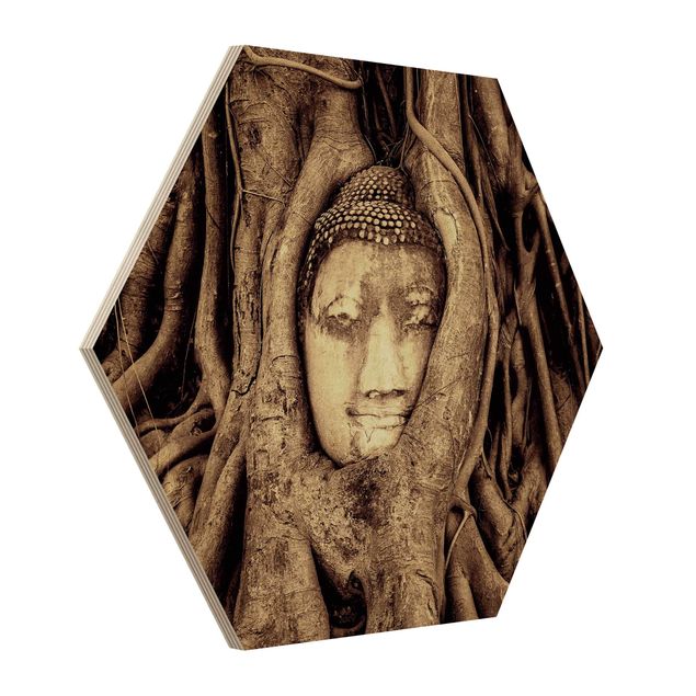 Prints på træ vintage Buddha In Ayutthaya Lined From Tree Roots In Brown