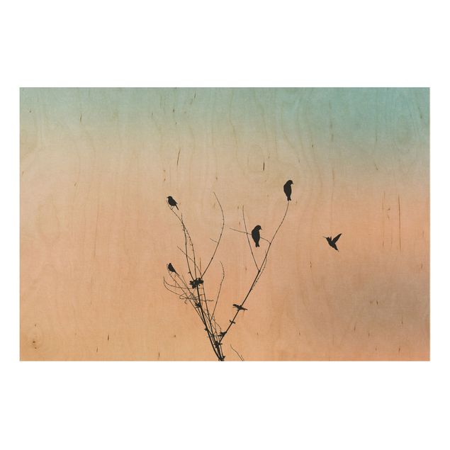 Prints på træ landskaber Birds In Front Of Rose Sun II