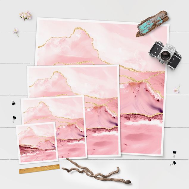 Billeder Abstract Mountains Pink With Golden Lines