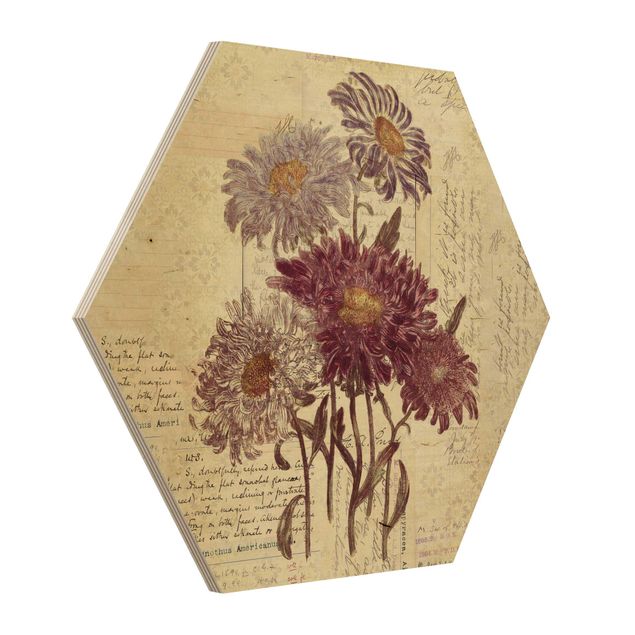 Prints på træ vintage Vintage Flowers With Handwriting