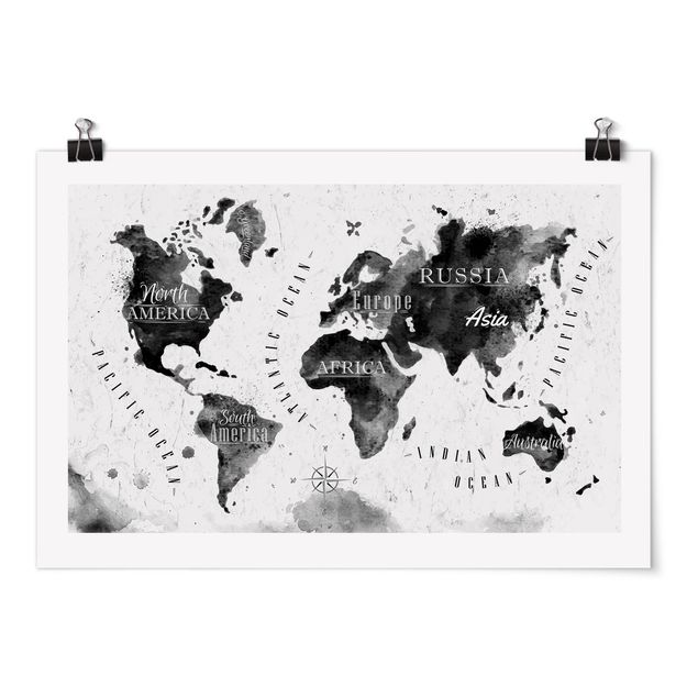 Billeder verdenskort World Map Watercolour Black