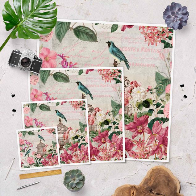 Billeder Shabby Chic Collage - Pink Flowers And Blue Birds
