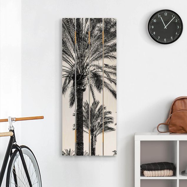 Prints på træ blomster Palm Trees At Sunset Black And White