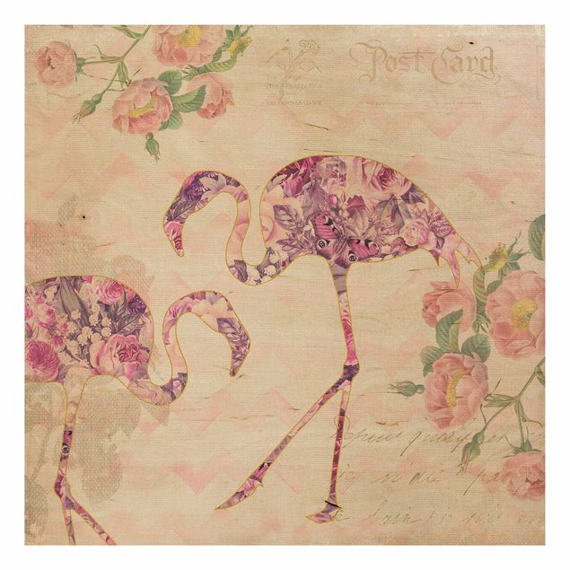 Prints på træ blomster Vintage Collage - Pink Flowers Flamingos
