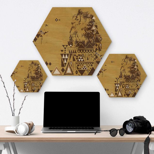 Hexagon Bild Holz - No.MW17 Indianische Eule