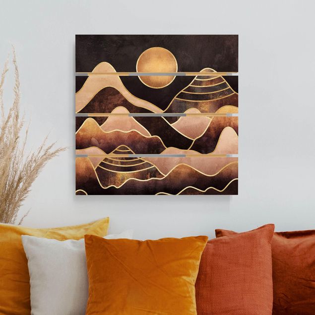 Prints på træ landskaber Golden Sun Abstract Mountains